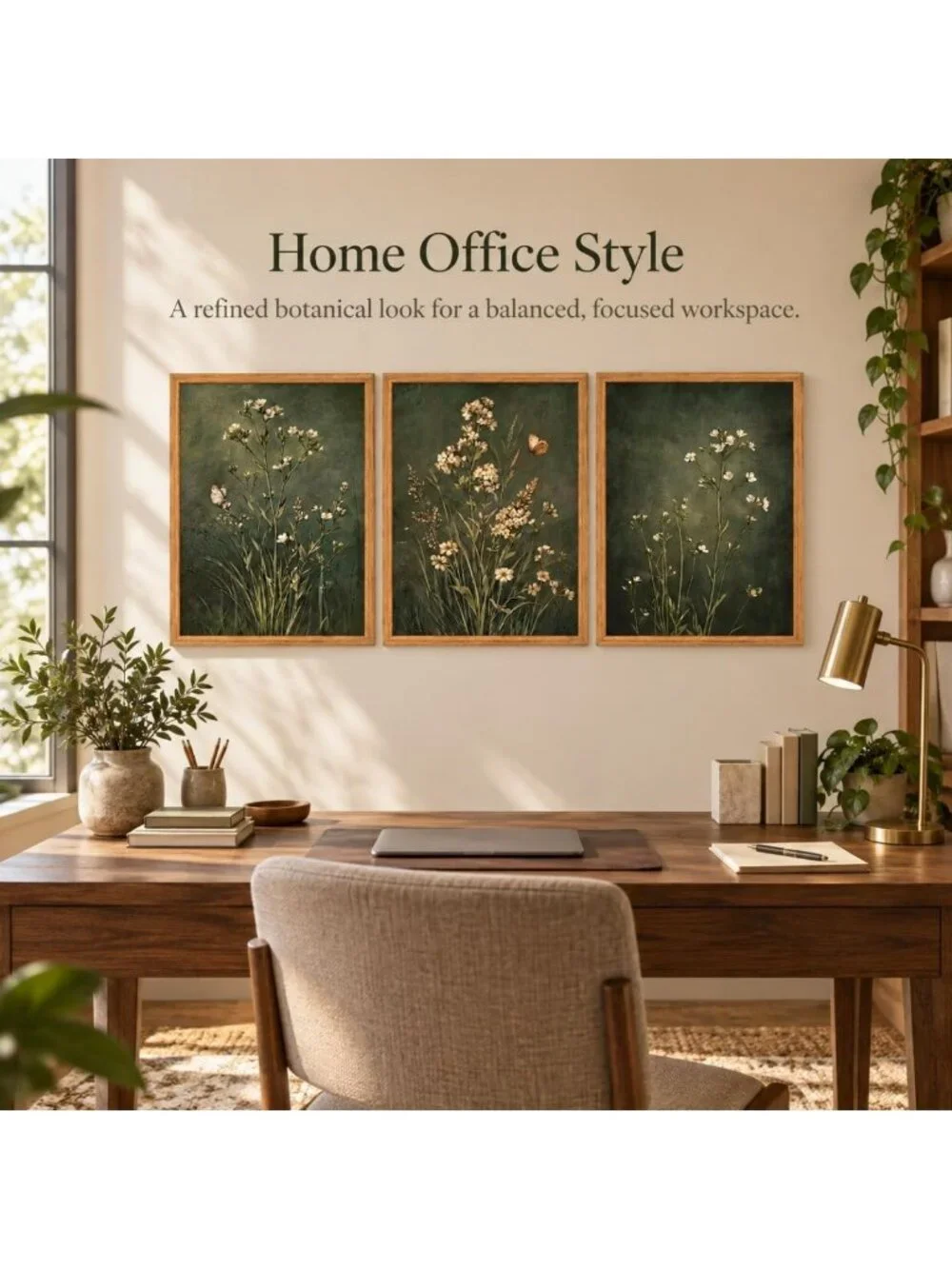 Vintage Floral Botanical Canvas Wall Art Set - 3 Framed Prints, Dark Green 16x12